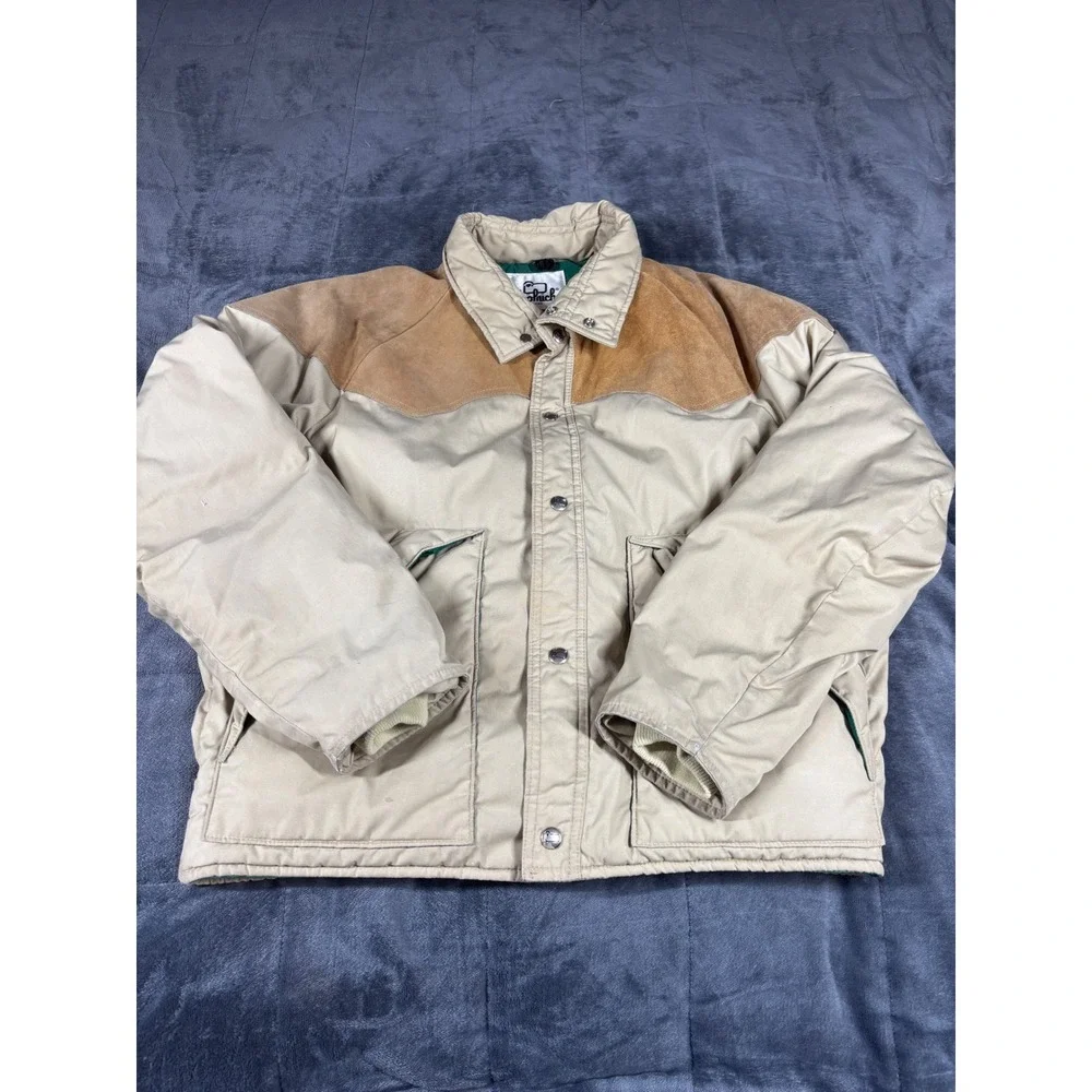 Woolrich Vintage Mens Western Suede Yoke Puffer Jacket Tan Beige Size M 6394